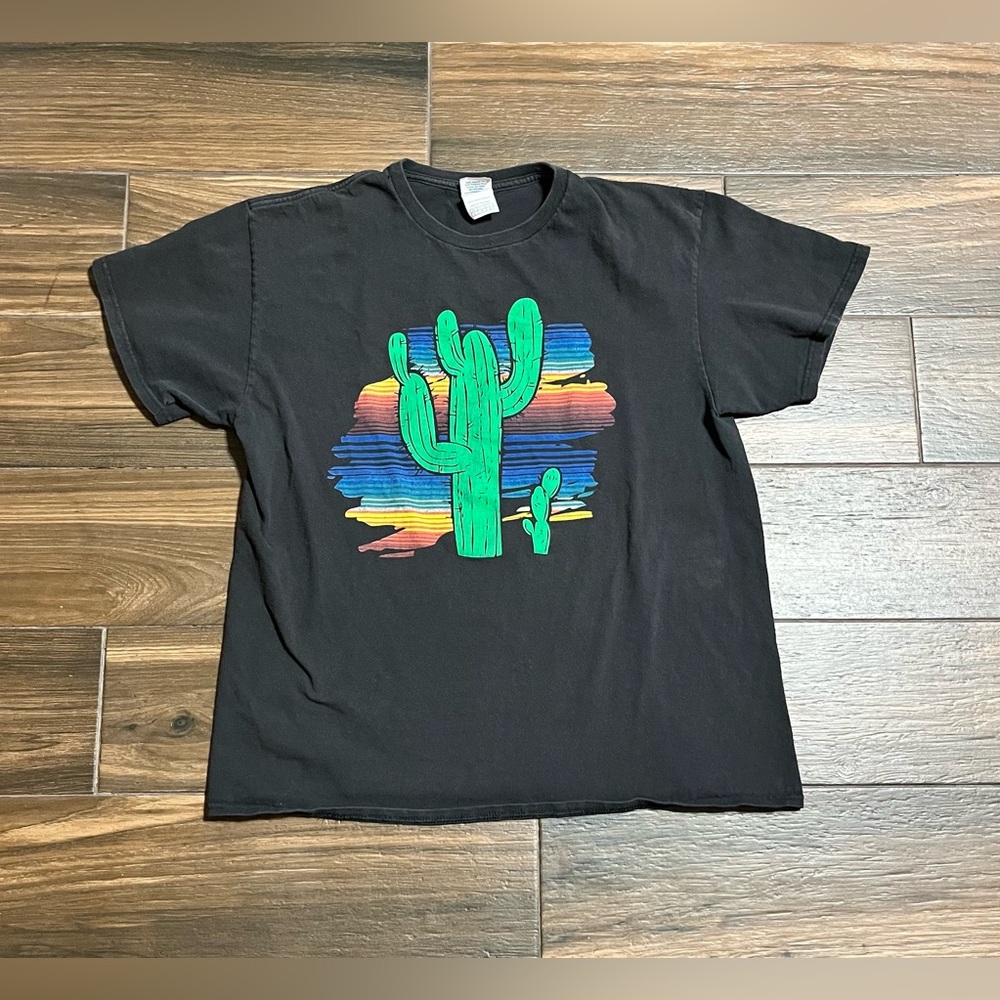 Nicely Faded Black T-shirt with a Colorful Cactus Graphic Design Size Large